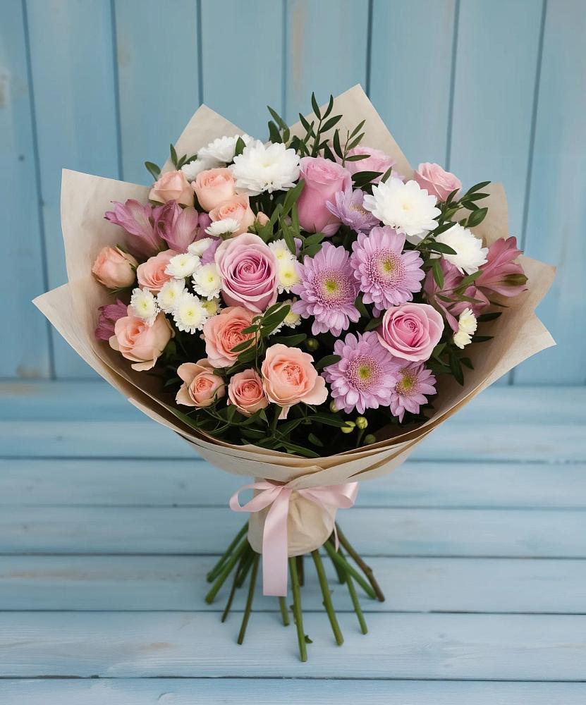Букет цветов из: Хризантемы, Розы и Альстромерии в Греческом