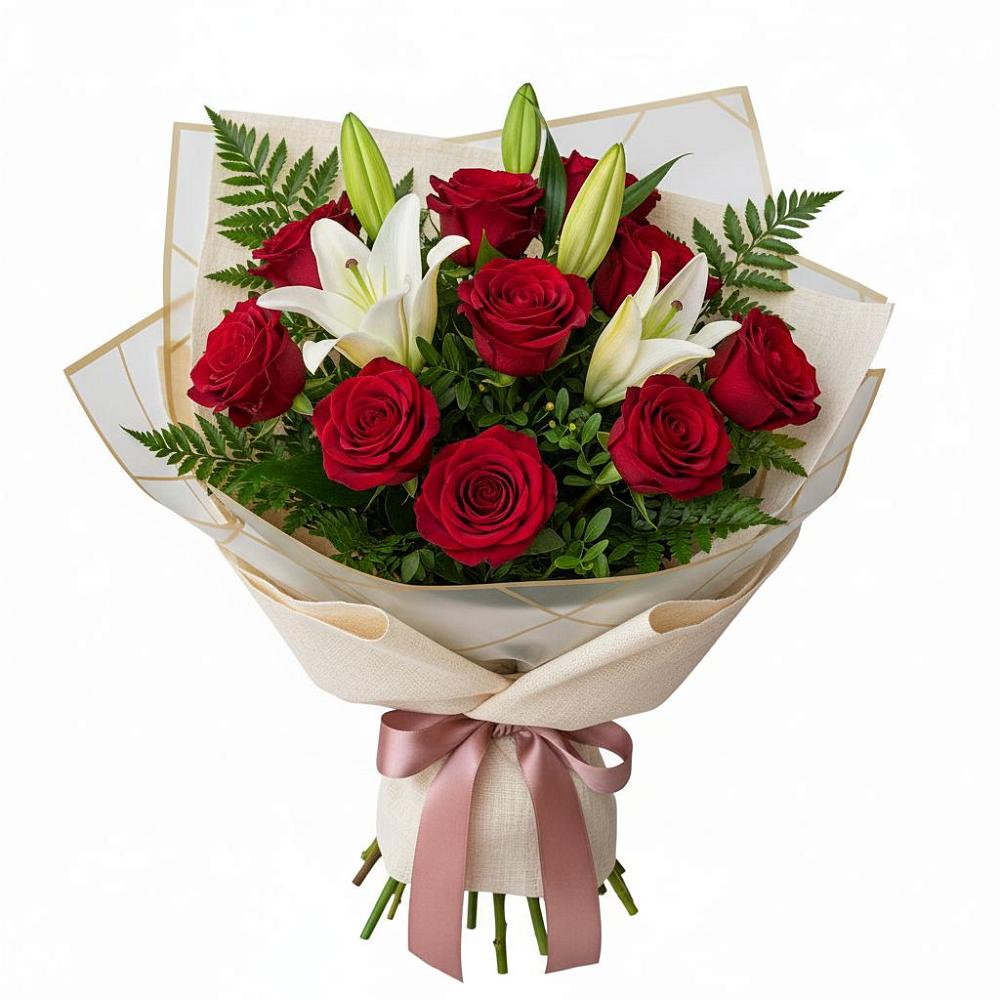 Букет цветов из: Лилии и Розы в Греческом