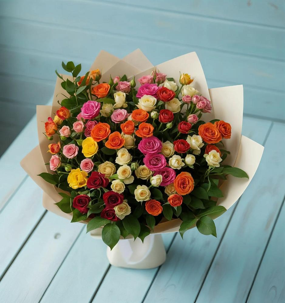 Букет Микс из разноцветных кустовых роз в Греческом