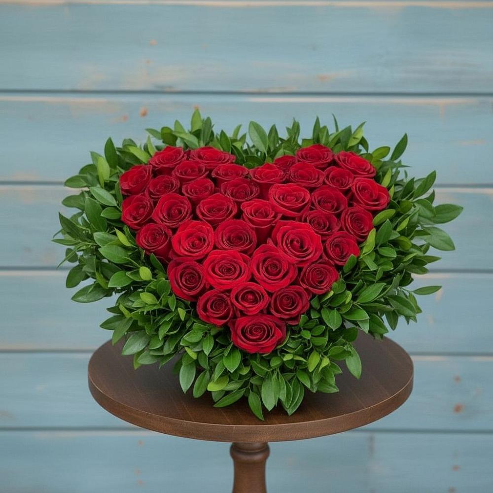 Цветочная композиция из Розы в виде сердца в Греческом