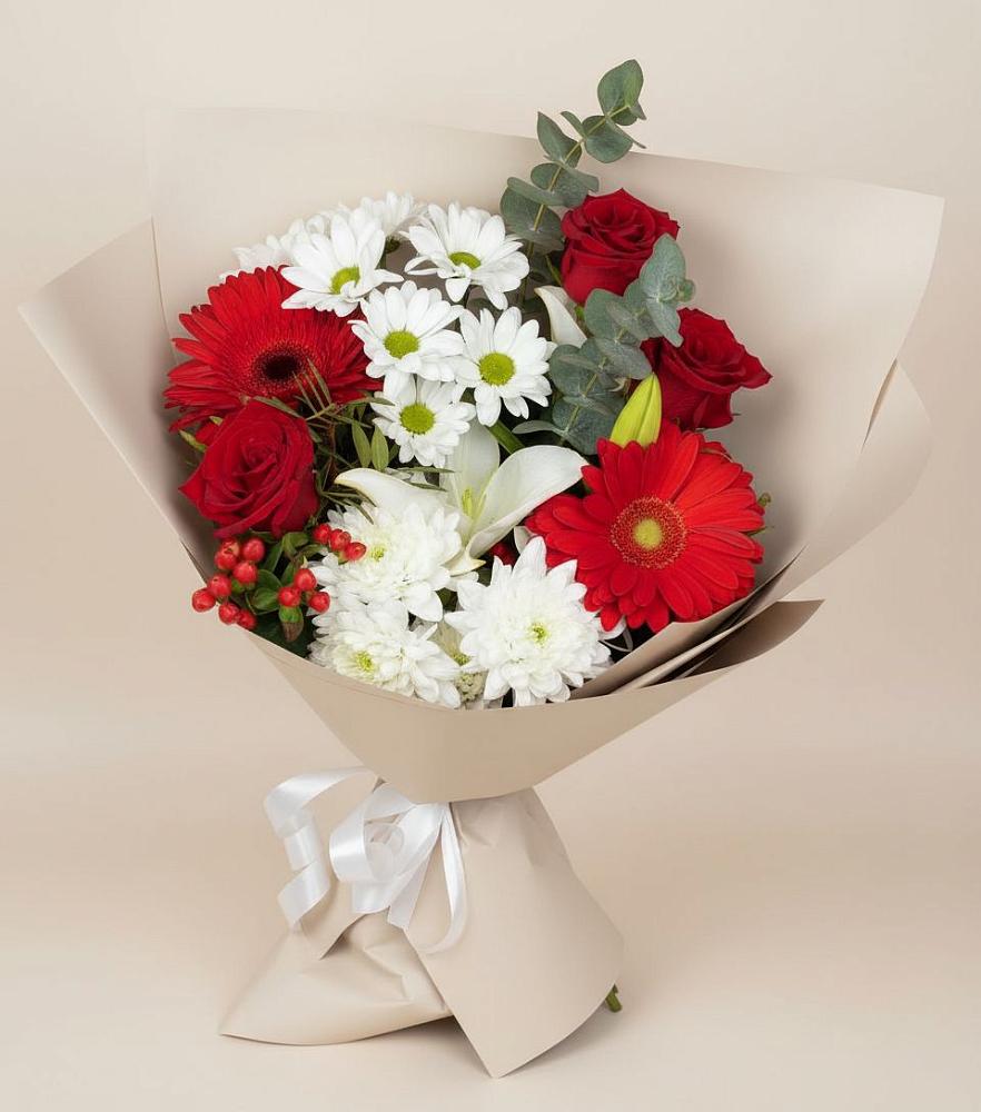 Букет цветов из: Розы, Хризантемы, Герберы и Лилии в Греческом