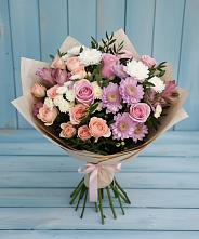 Букет цветов из:  Хризантемы, Розы и Альстромерии в Греческом