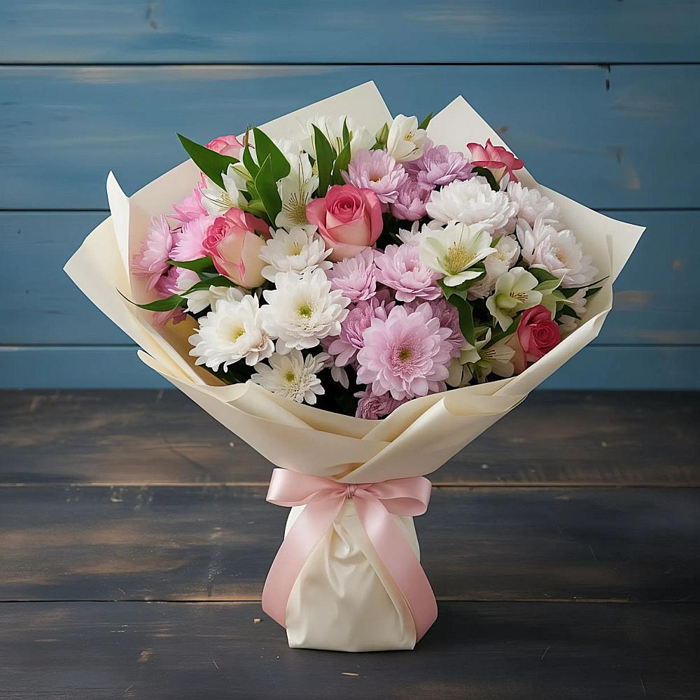 Букет цветов из: Хризантемы, Альстромерии и Розы в Греческом